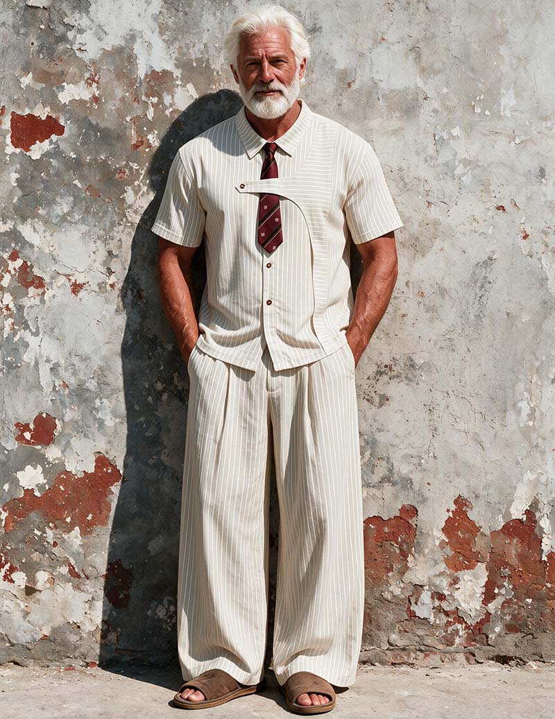 Men Linen-Blend Relaxed Fit Long Sleeve Pajama Set Two-Piece Loungewear - Cream