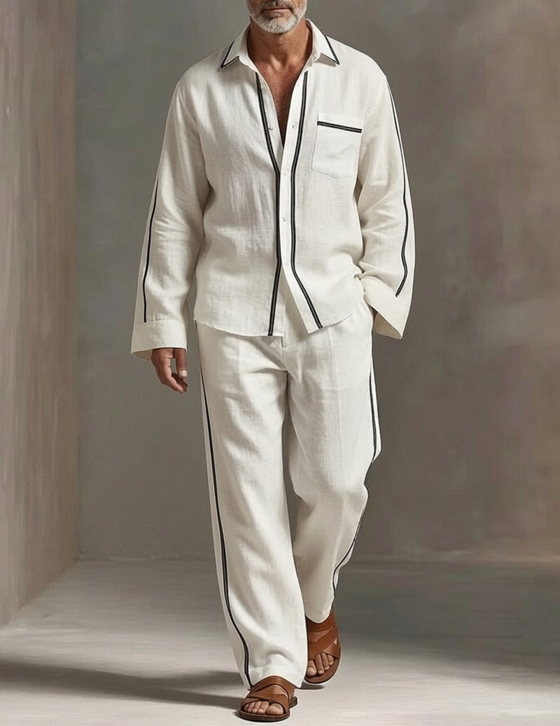 Men's Soft Knit Lounge Set Long Sleeve Crew Neck Top and Drawstring Pants Pajama Set - White