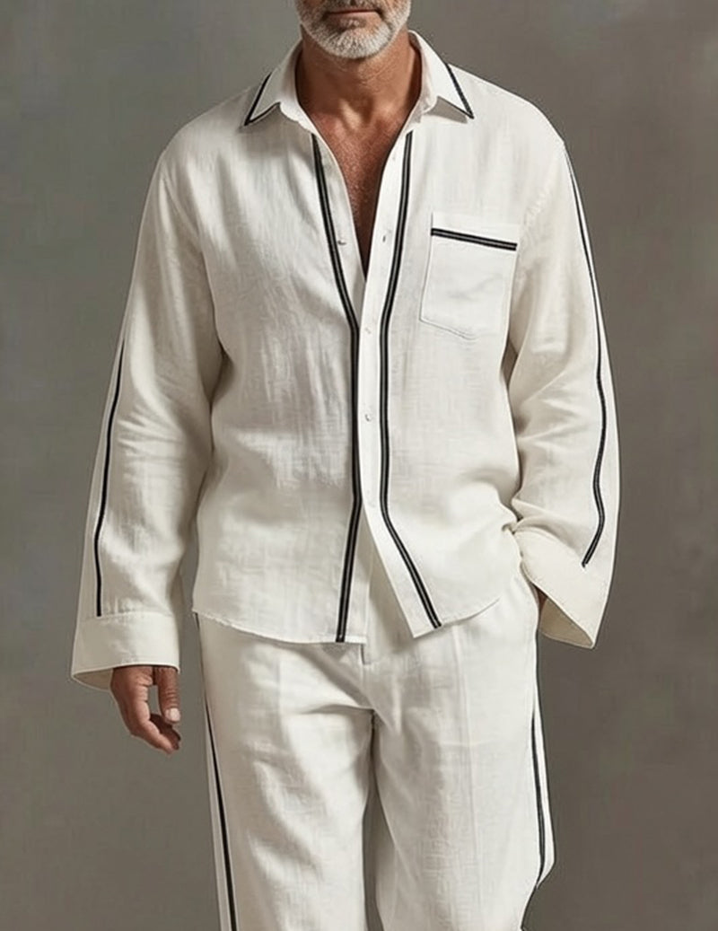 Men's Soft Knit Lounge Set Long Sleeve Crew Neck Top and Drawstring Pants Pajama Set - White
