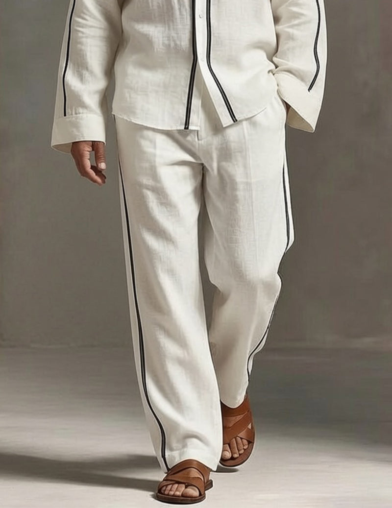 Men's Soft Knit Lounge Set Long Sleeve Crew Neck Top and Drawstring Pants Pajama Set - White