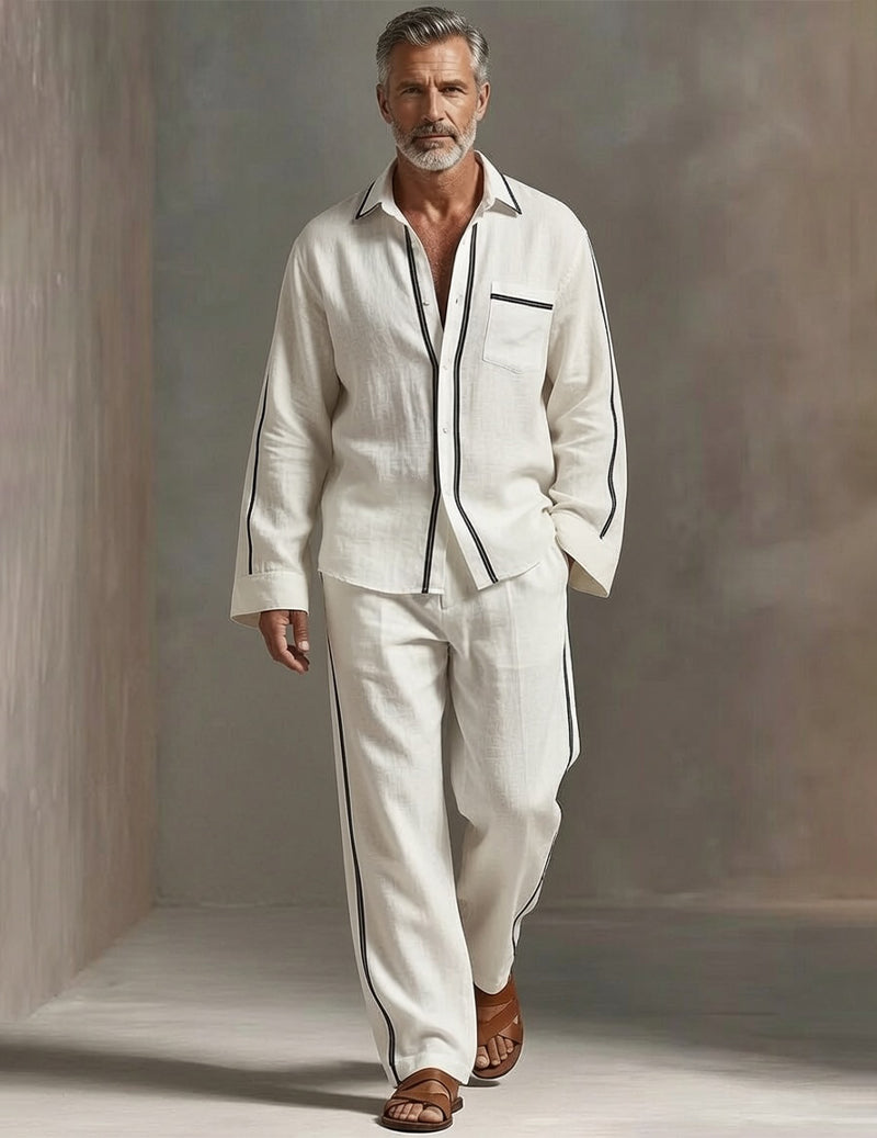 Men's Soft Knit Lounge Set Long Sleeve Crew Neck Top and Drawstring Pants Pajama Set - White