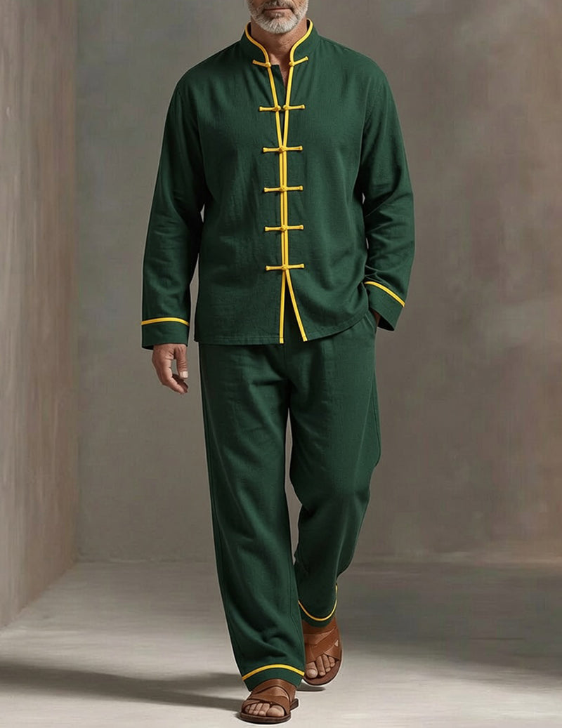 Men's Soft Knit Lounge Set Long Sleeve Mandarin Collar Top and Drawstring Pants - Green