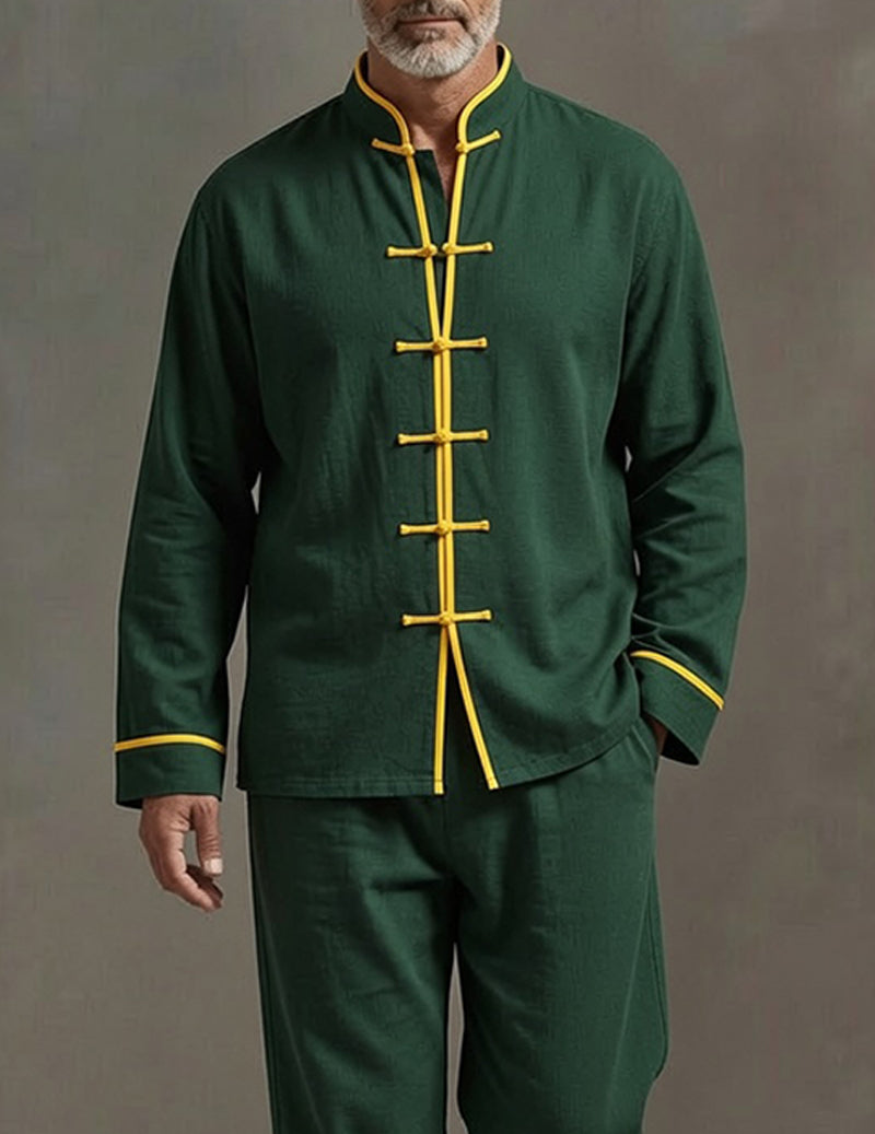 Men's Soft Knit Lounge Set Long Sleeve Mandarin Collar Top and Drawstring Pants - Green