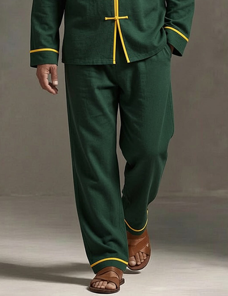 Men's Soft Knit Lounge Set Long Sleeve Mandarin Collar Top and Drawstring Pants - Green