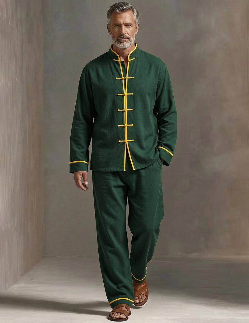 Men's Soft Knit Lounge Set Long Sleeve Mandarin Collar Top and Drawstring Pants - Green