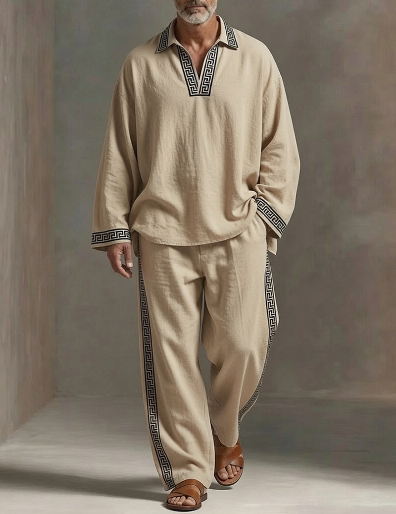 Men's Soft Knit Lounge Set V-Neck Pullover Top and Drawstring Pants - Khaki