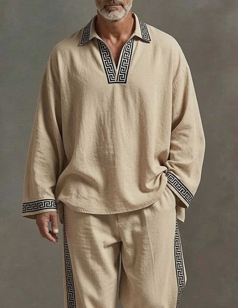 Men's Soft Knit Lounge Set V-Neck Pullover Top and Drawstring Pants - Khaki