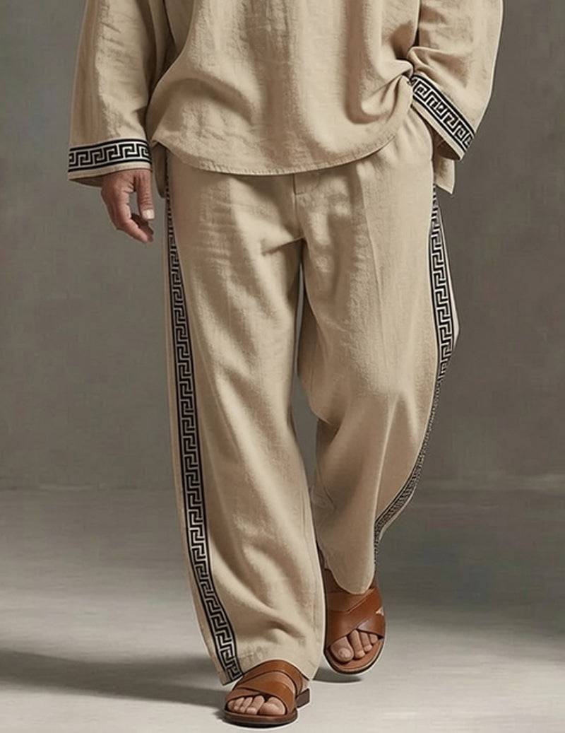 Men's Soft Knit Lounge Set V-Neck Pullover Top and Drawstring Pants - Khaki
