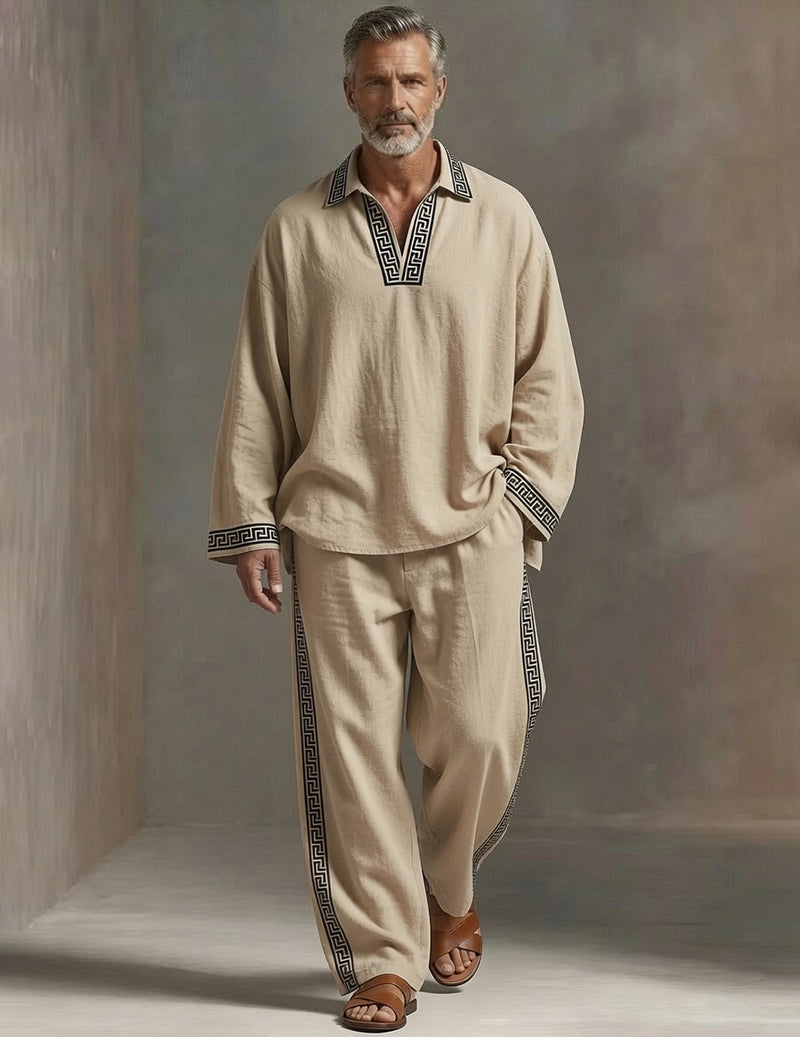 Men's Soft Knit Lounge Set V-Neck Pullover Top and Drawstring Pants - Khaki