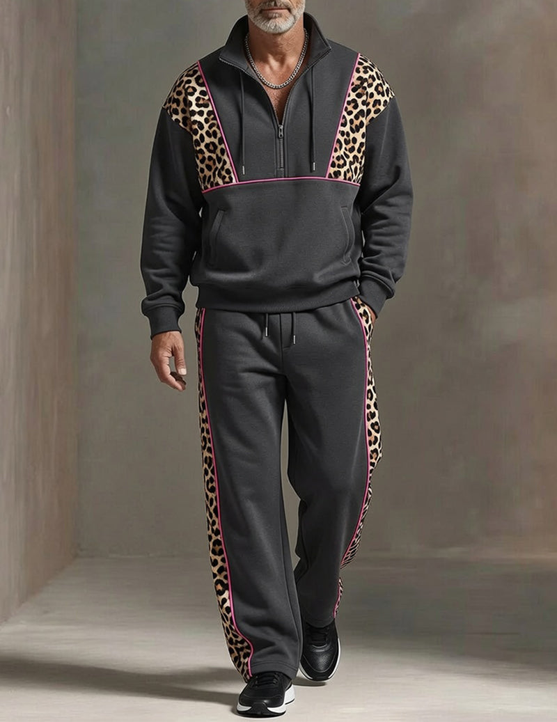 Men's Soft Knit Tracksuit Set Half-Zip Pullover with Leopard Print Panels and Sweatpants