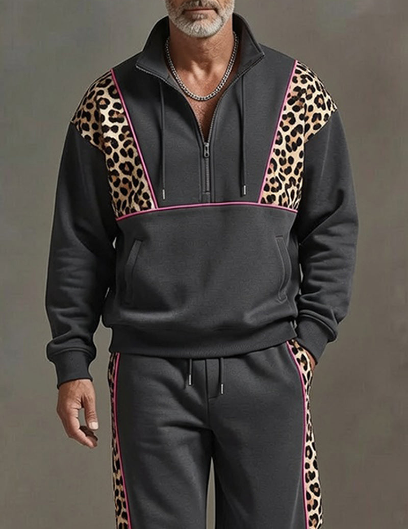 Men's Soft Knit Tracksuit Set Half-Zip Pullover with Leopard Print Panels and Sweatpants
