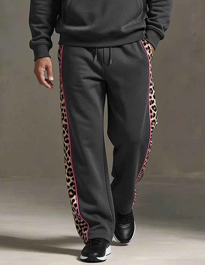 Men's Soft Knit Tracksuit Set Half-Zip Pullover with Leopard Print Panels and Sweatpants