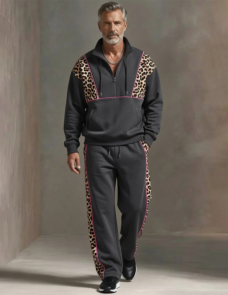 Men's Soft Knit Tracksuit Set Half-Zip Pullover with Leopard Print Panels and Sweatpants