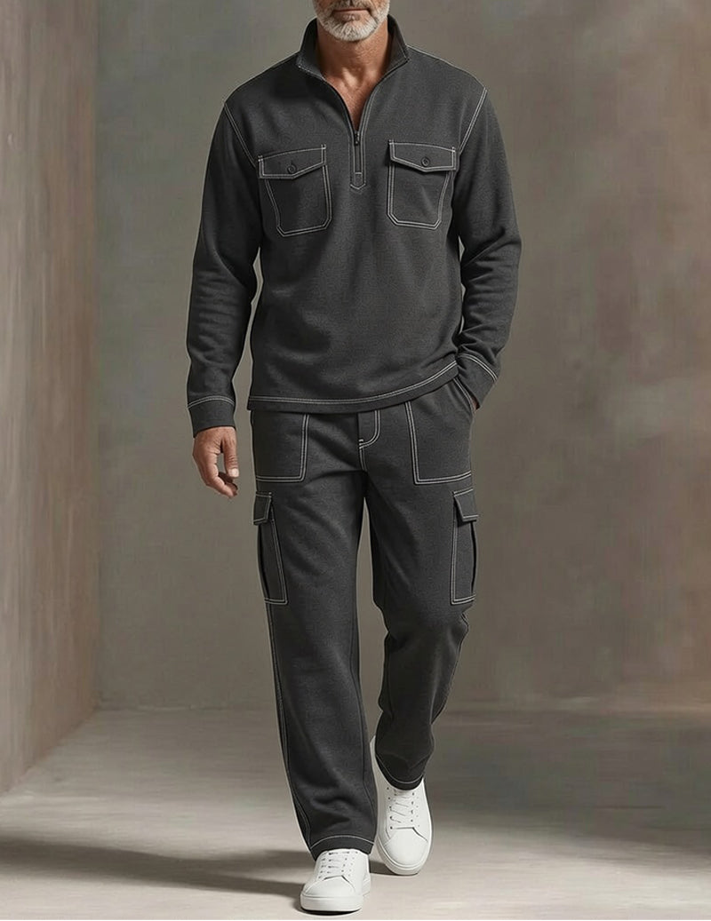 Men's Soft Knit Cargo Tracksuit Set Half-Zip Pullover and Cargo Pants