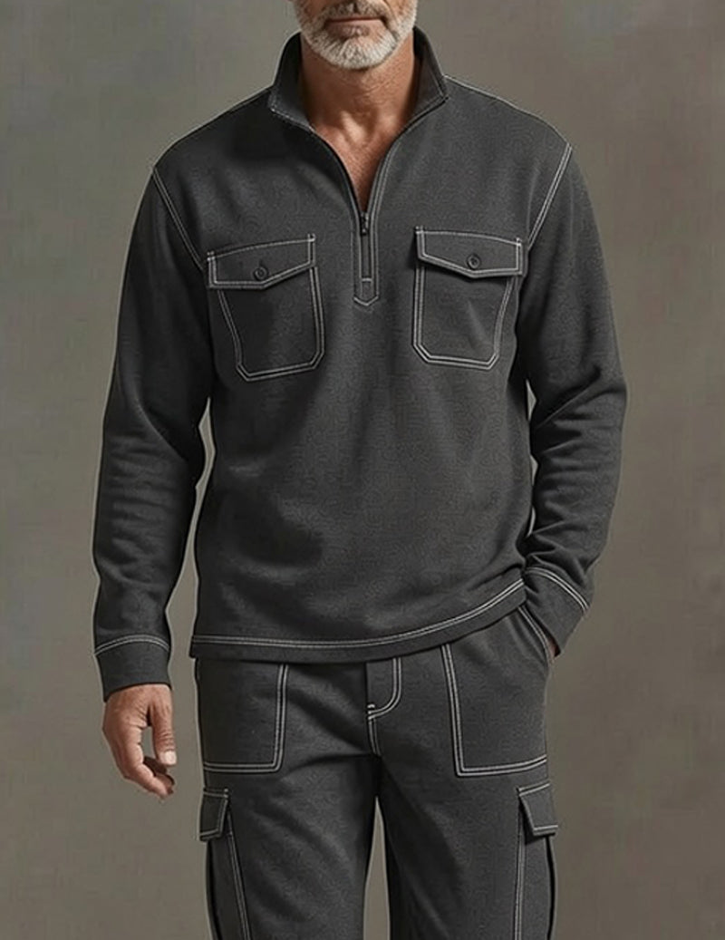 Men's Soft Knit Cargo Tracksuit Set Half-Zip Pullover and Cargo Pants