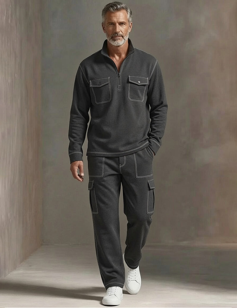 Men's Soft Knit Cargo Tracksuit Set Half-Zip Pullover and Cargo Pants