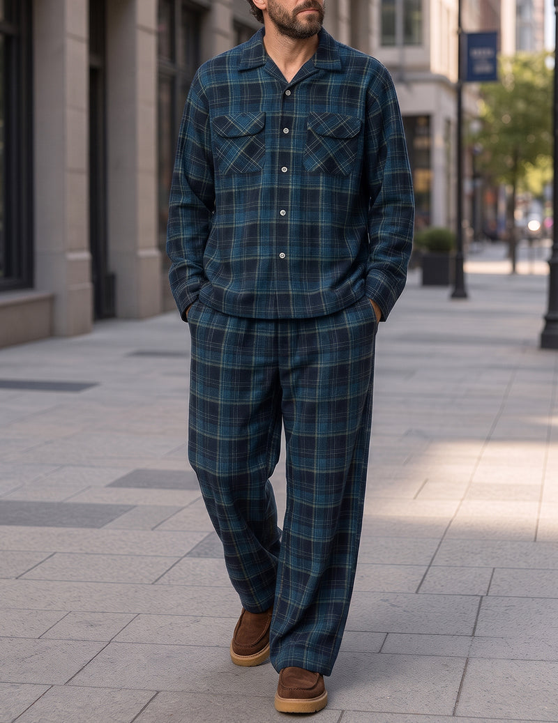 Blue plaid cotton pajama set with button-front shirt, chest pockets, and matching pants