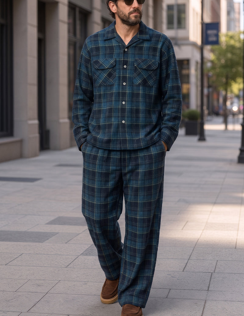 Blue and green plaid pajama set with long-sleeve button-down shirt and pants