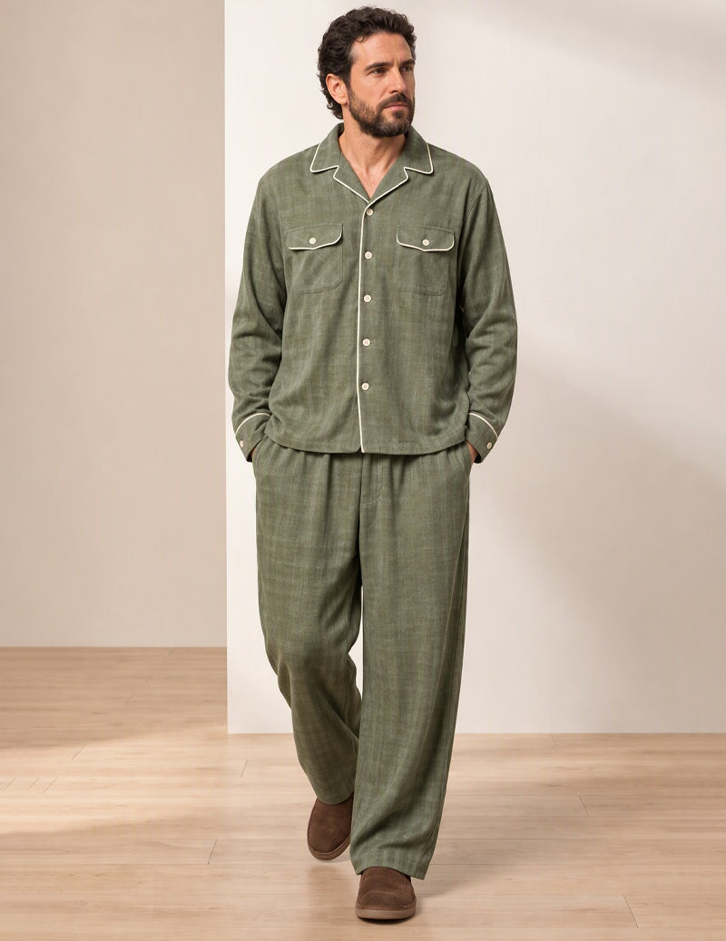 100% Cotton Men Plaid Long Sleeve Button-Down Pajama Set