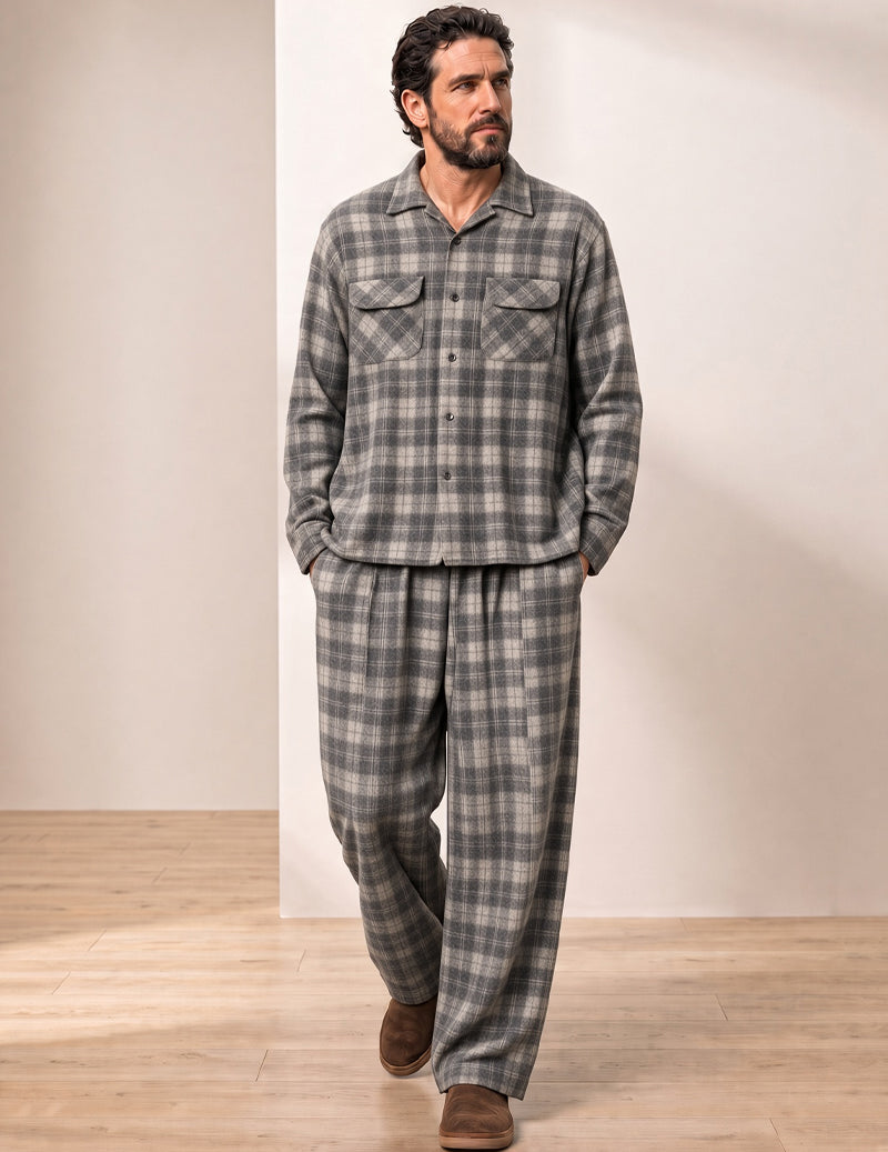 100% Cotton Men Plaid Long Sleeve Button-Down Pajama Set