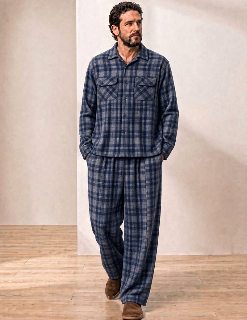 100% Cotton Men Plaid Long Sleeve Button-Down Pajama Set