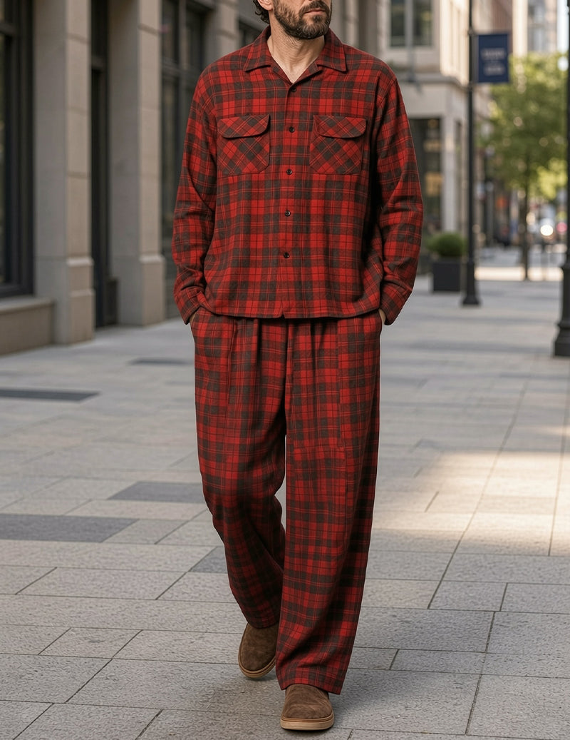 Red plaid cotton pajama set with button-down shirt, chest pockets, and long pants