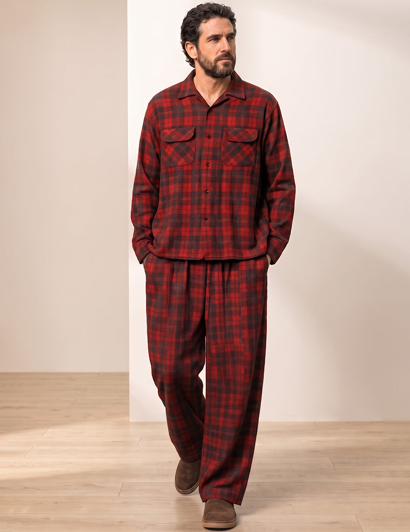 Red and black plaid pajama set with long-sleeve button shirt and matching pants