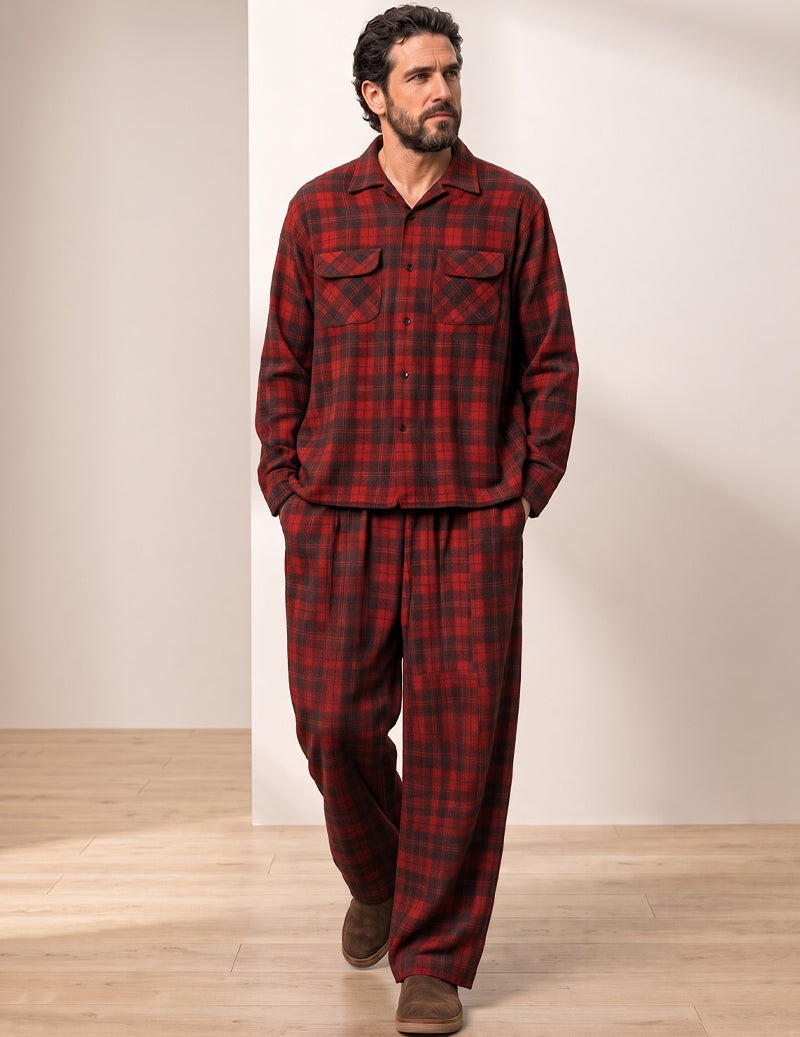 100% Cotton Men Plaid Long Sleeve Button-Down Pajama Set