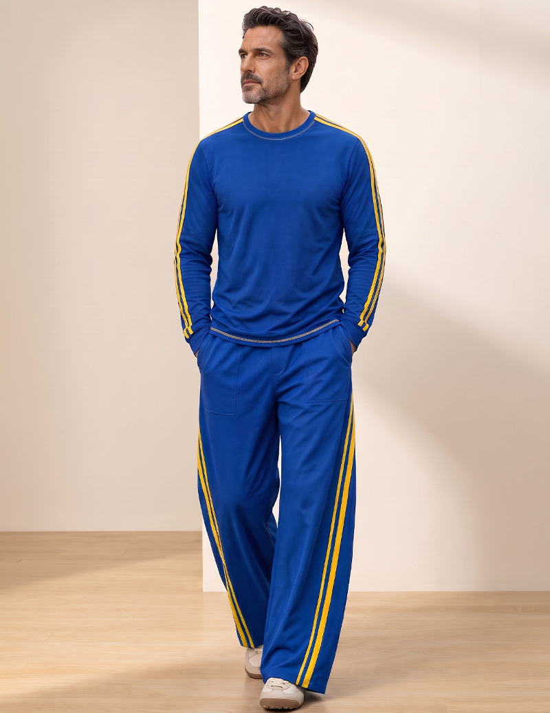 Blue cotton tracksuit with yellow stripes and a crew-neck sweatshirt