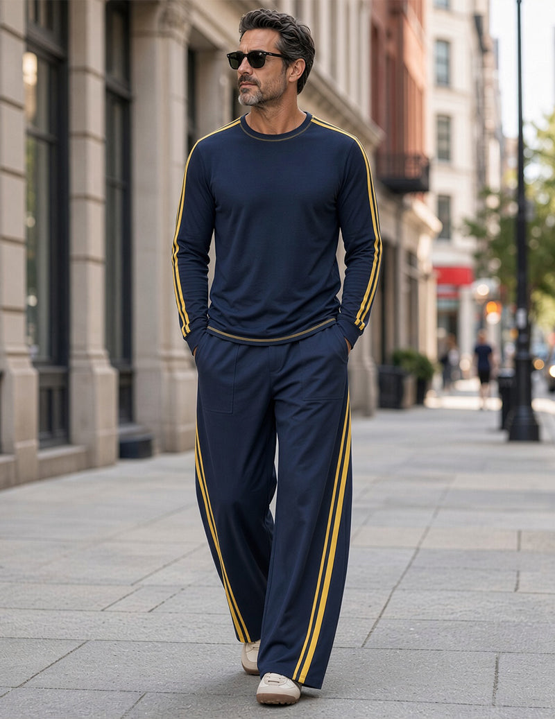 Dark navy cotton tracksuit with yellow sleeve and leg stripes, shown in a full-body view