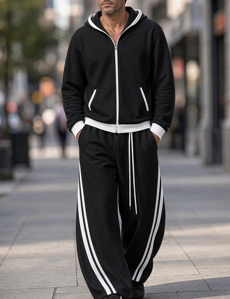 Black hooded zip jacket and jogger set with white trim and side stripes