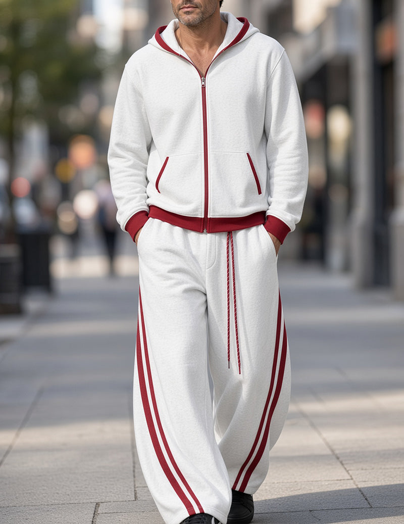 White hooded zip jacket and jogger set with red trim and side stripes