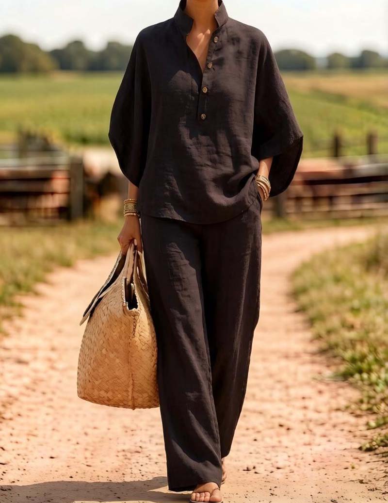 Linen Two Piece Set Mandarin Collar Batwing Sleeve Top & Wide Leg Pants