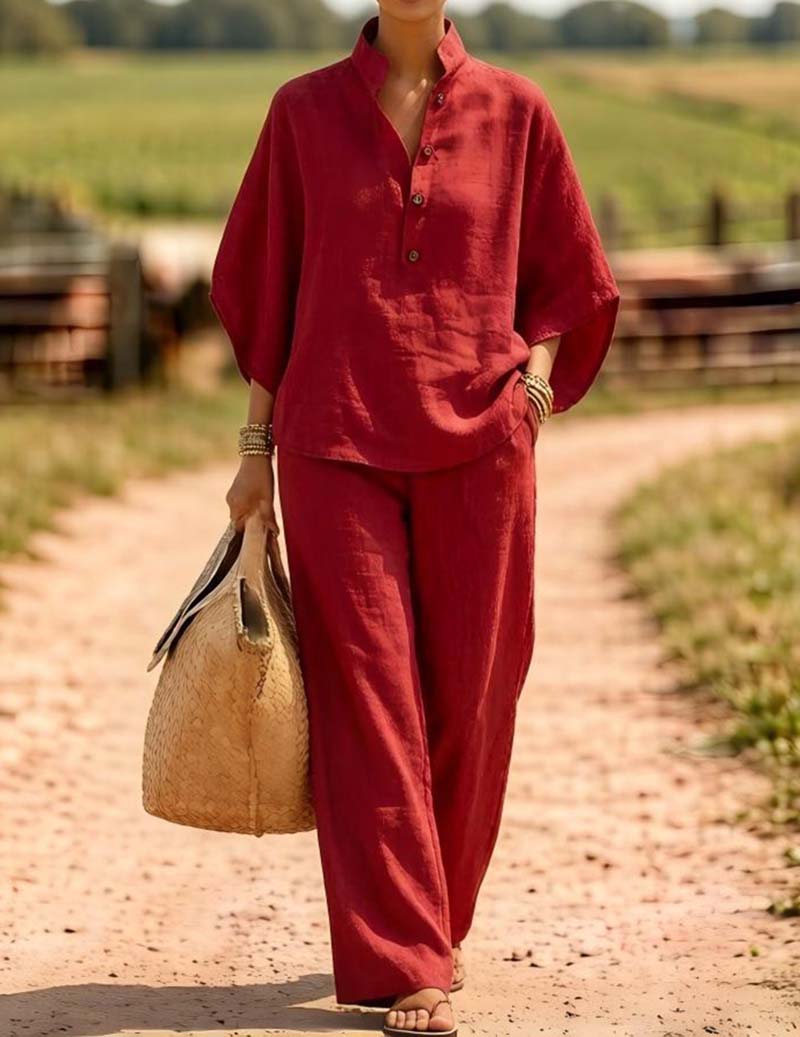 Linen Two Piece Set Mandarin Collar Batwing Sleeve Top & Wide Leg Pants