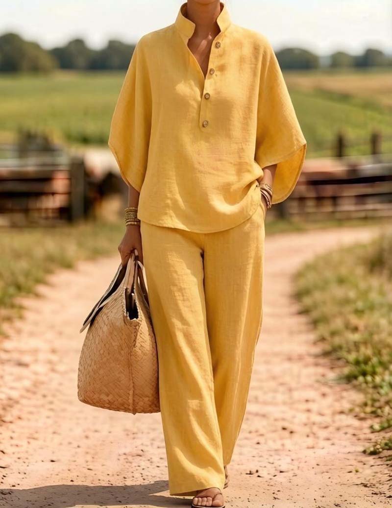 Linen Two Piece Set Mandarin Collar Batwing Sleeve Top & Wide Leg Pants