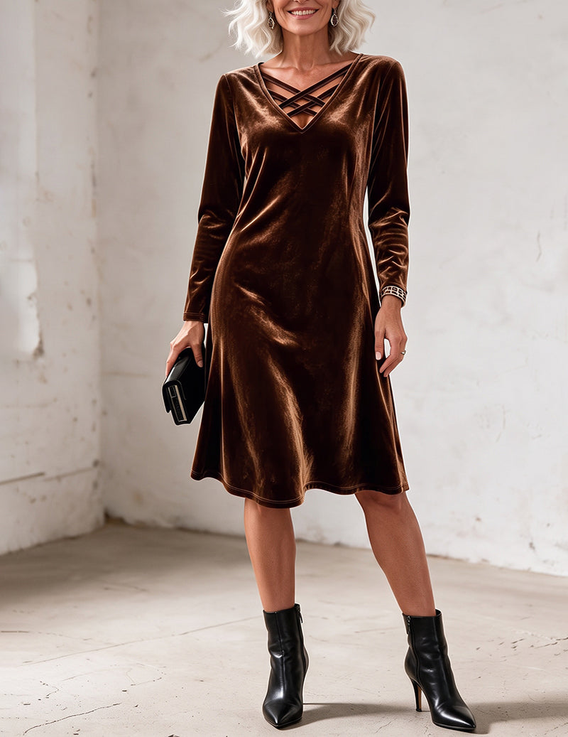 Velvet Crisscross V Neck Long Sleeve A-Line Dress