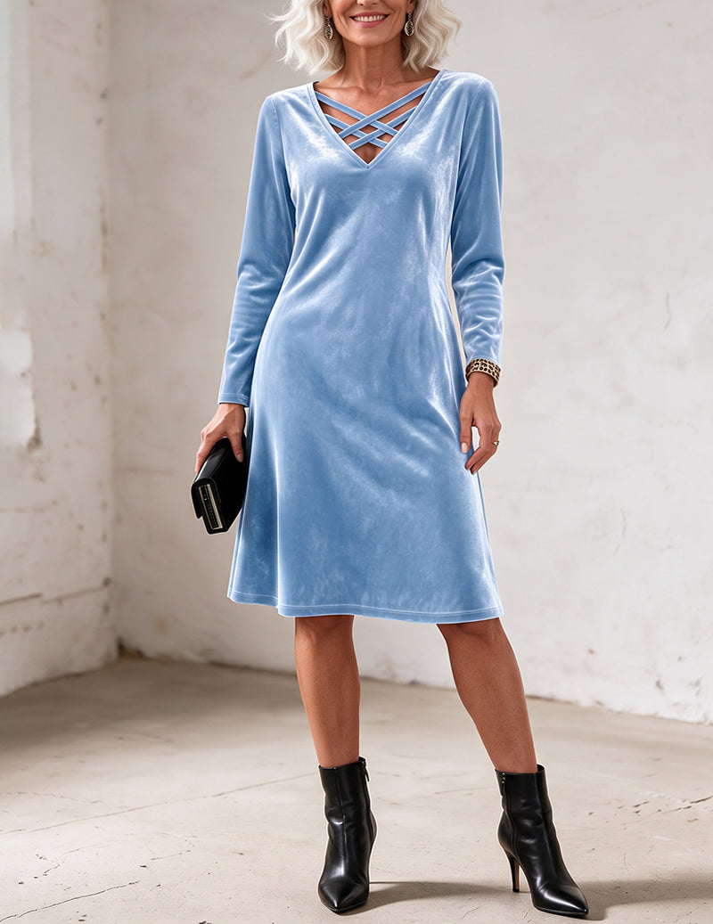 Velvet Crisscross V Neck Long Sleeve A-Line Dress