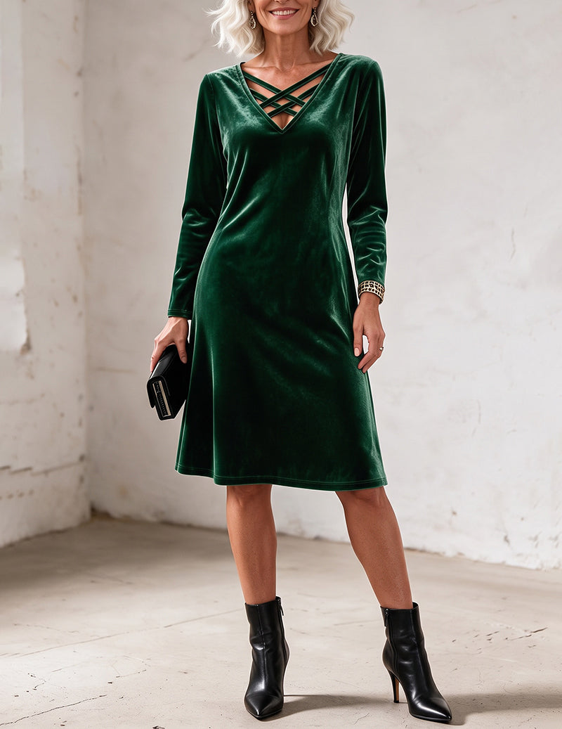 Velvet Crisscross V Neck Long Sleeve A-Line Dress