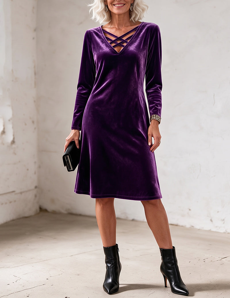 Velvet Crisscross V Neck Long Sleeve A-Line Dress