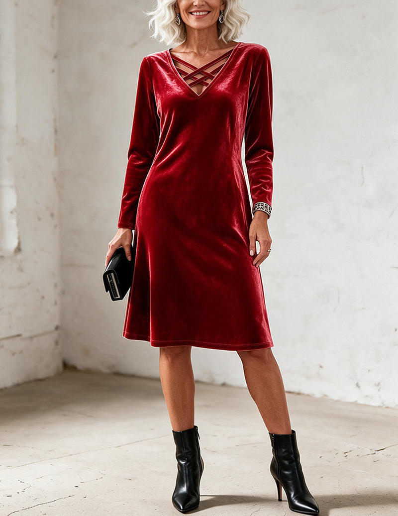 Velvet Crisscross V Neck Long Sleeve A-Line Dress
