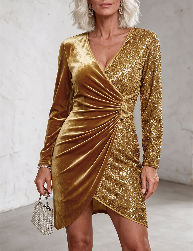 Velvet Sequin V Neck Long Sleeve Wrap-Style Mini Dress