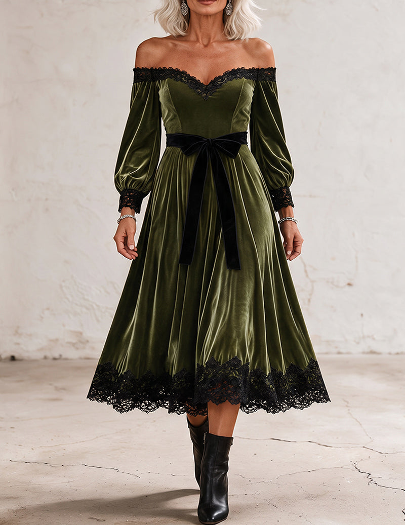 Velvet Lace Trim Off Shoulder Midi Dress