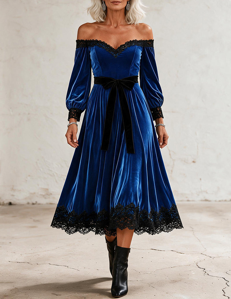 Velvet Lace Trim Off Shoulder Midi Dress
