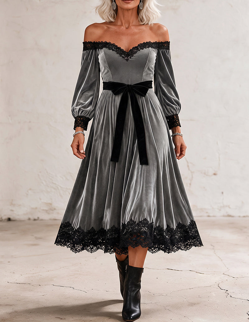 Velvet Lace Trim Off Shoulder Midi Dress