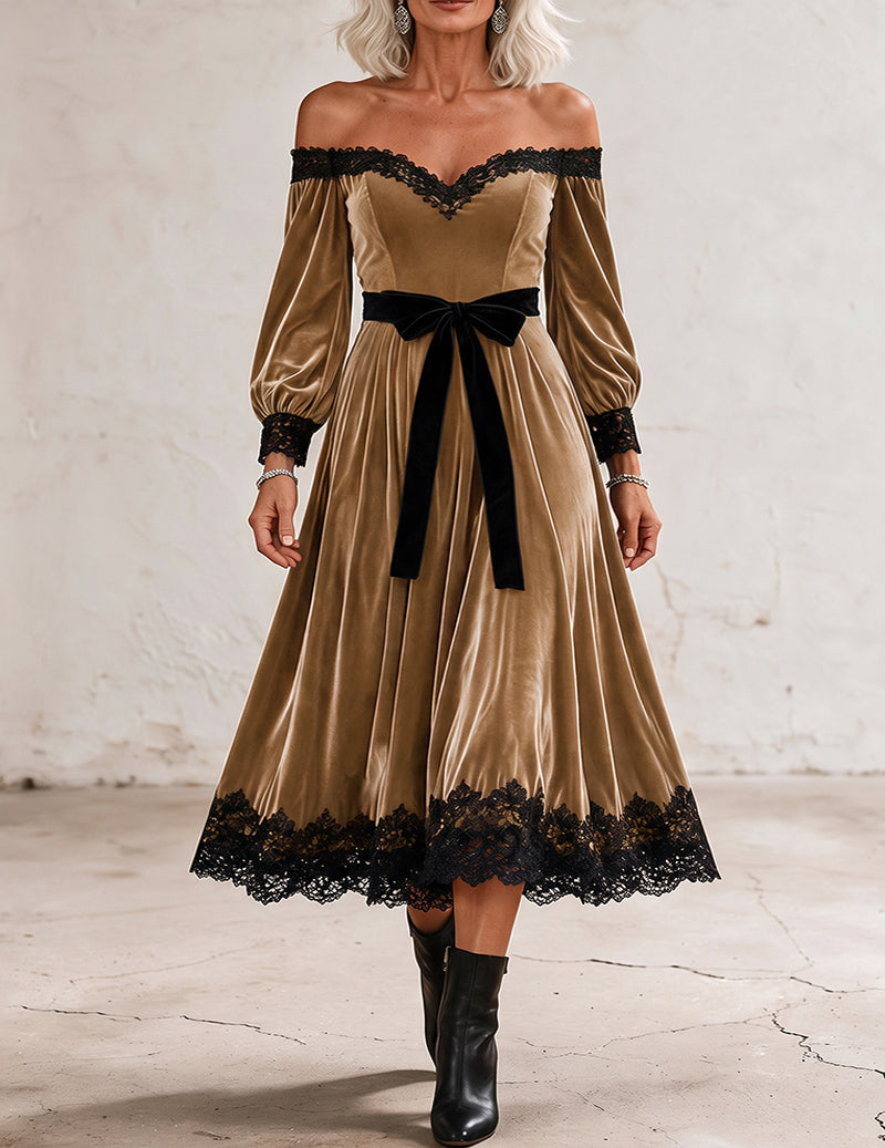Velvet Lace Trim Off Shoulder Midi Dress