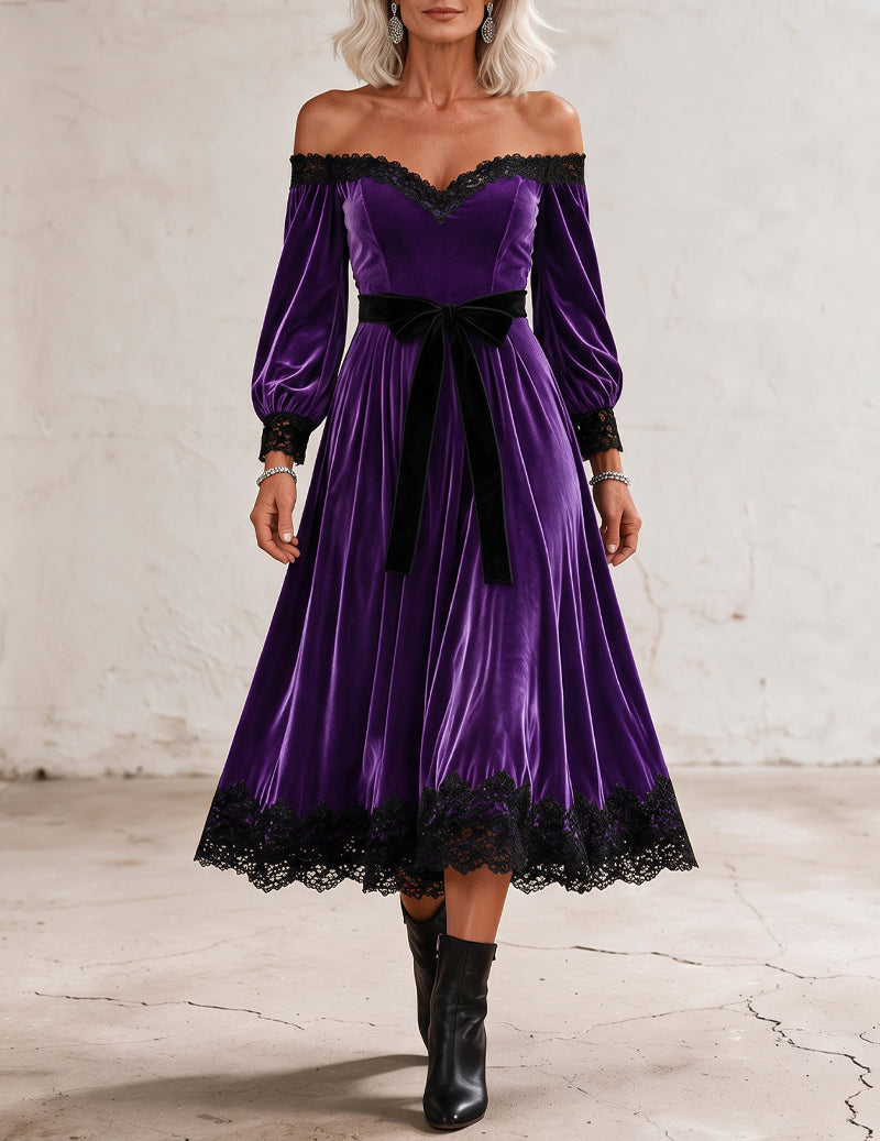 Velvet Lace Trim Off Shoulder Midi Dress