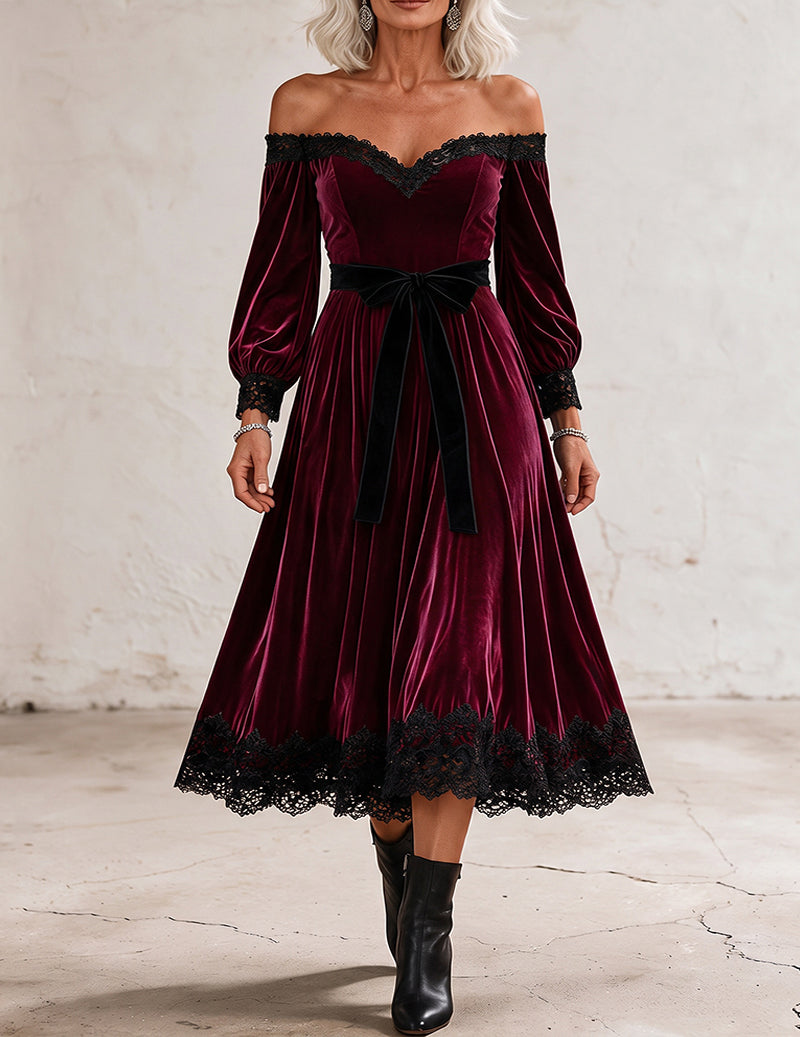 Velvet Lace Trim Off Shoulder Midi Dress