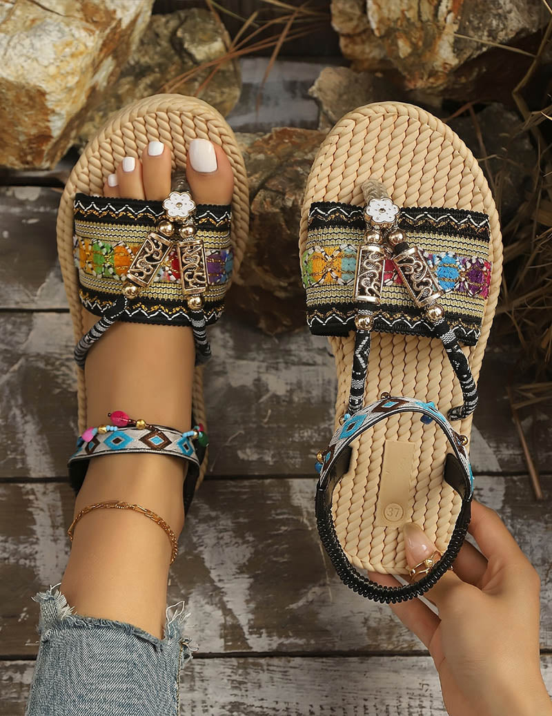 Ekouaer Bohemian Flat Sandals Braided Ethnic Embroidery Open Toe Beach Sandals