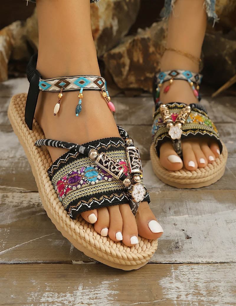 Ekouaer Bohemian Flat Sandals Braided Ethnic Embroidery Open Toe Beach Sandals - Black
