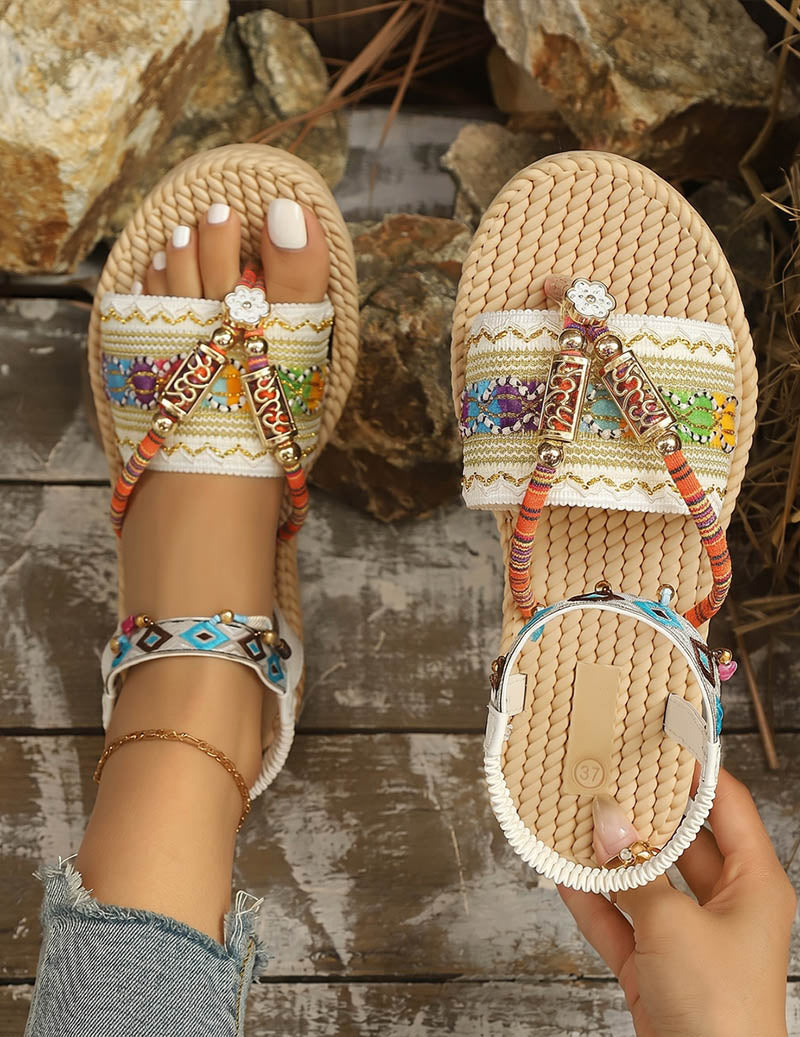 Ekouaer Bohemian Flat Sandals Braided Ethnic Embroidery Open Toe Beach Sandals - Beige White